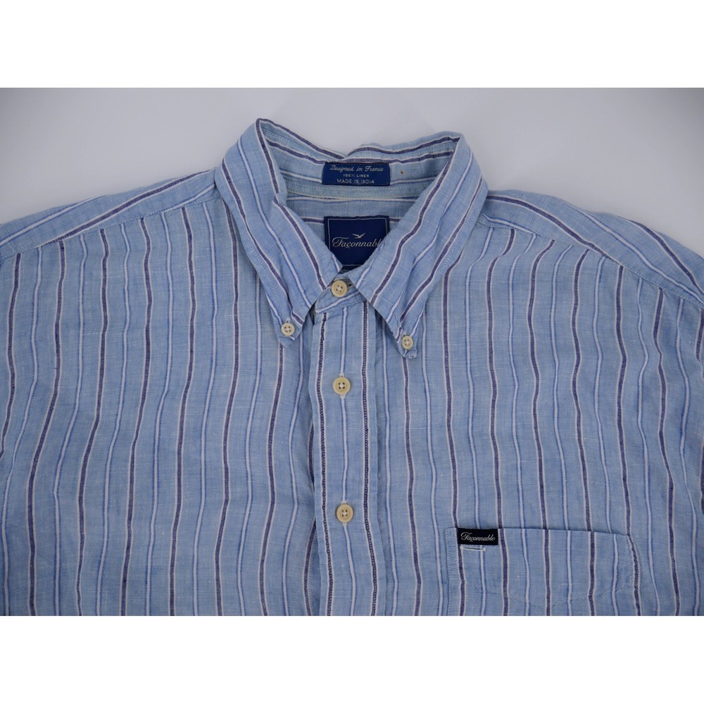 Faconnable 100% Linen Shirt XL Blue White Stripe Short Sleeve Button Down EUC